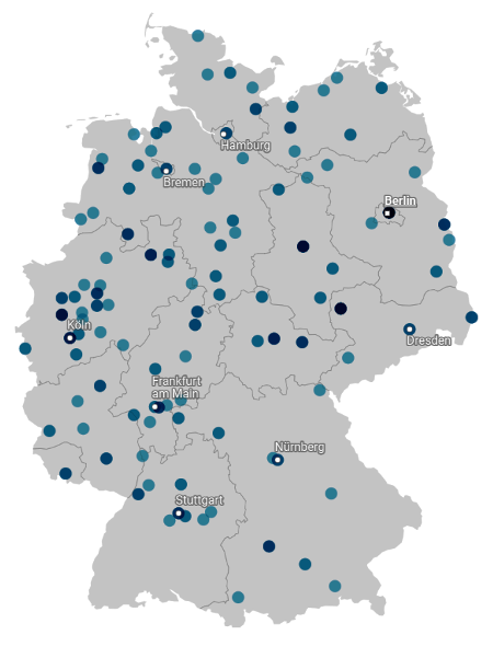 Deutschlandkarte mit Standorten der JOBSTARTER plus-Projekte